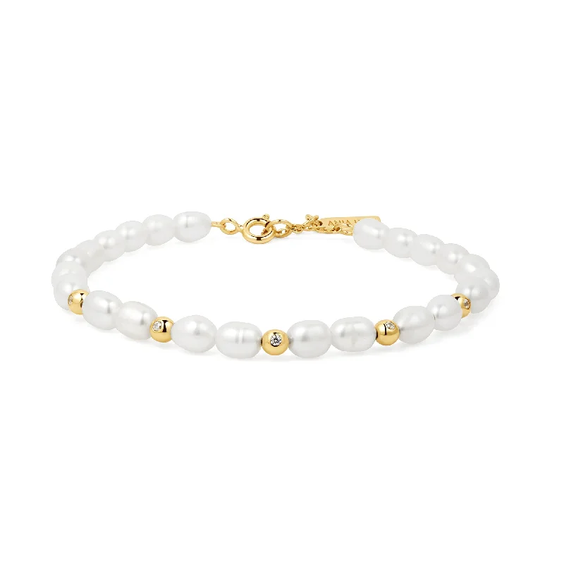 stackable silver bracelets with meaningful charms-Ania Haie Gold Freshwater Pearl White Cubic Zirconia Bezel Set Bracelet B058-05G