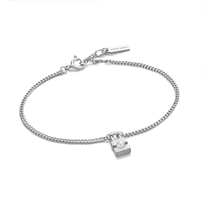 silver bracelet with star-shaped pendant for luck-Ania Haie Silver Pearl Padlock Bracelet B054-01H