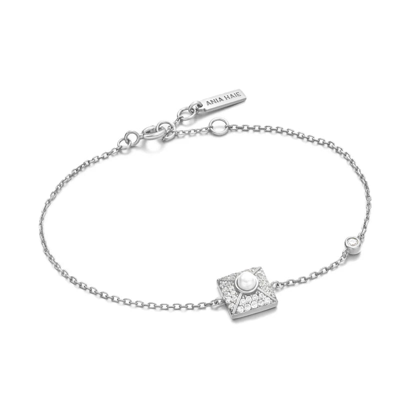 gold bracelet with engraved name for couples-Ania Haie Silver Pearl Pave Bracelet B054-02H