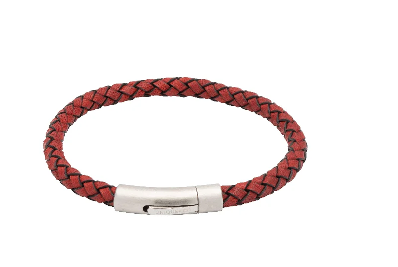 women’s adjustable bracelet with meaningful symbols-Unique & Co Red Leather Bracelet - Brushed Stainless Steel Clasp