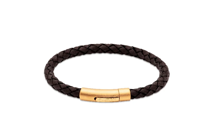 personalized silver bracelet for anniversary gift-Unique & Co Black Leather Bracelet with Matte Gold IP Steel Clasp