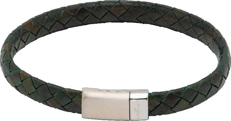 gold bracelet with heart-shaped gemstone-Unique & Co Matte & Polished Magnetic Steel Clasp Dark Green Leather Bracelet