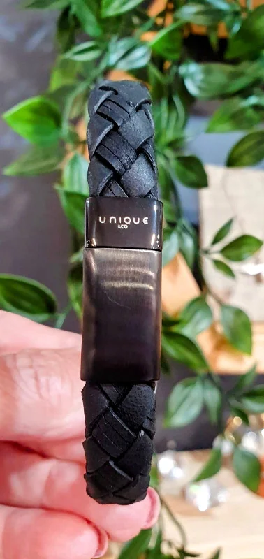 adjustable leather bracelet with custom engraving-Unique & Co Wide Black Leather Bracelet