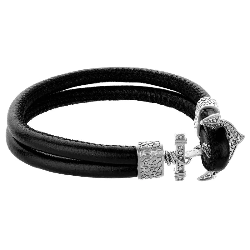 custom leather bracelet with date engraving-Benett Anchor Stainless Steel and Leather Bracelet