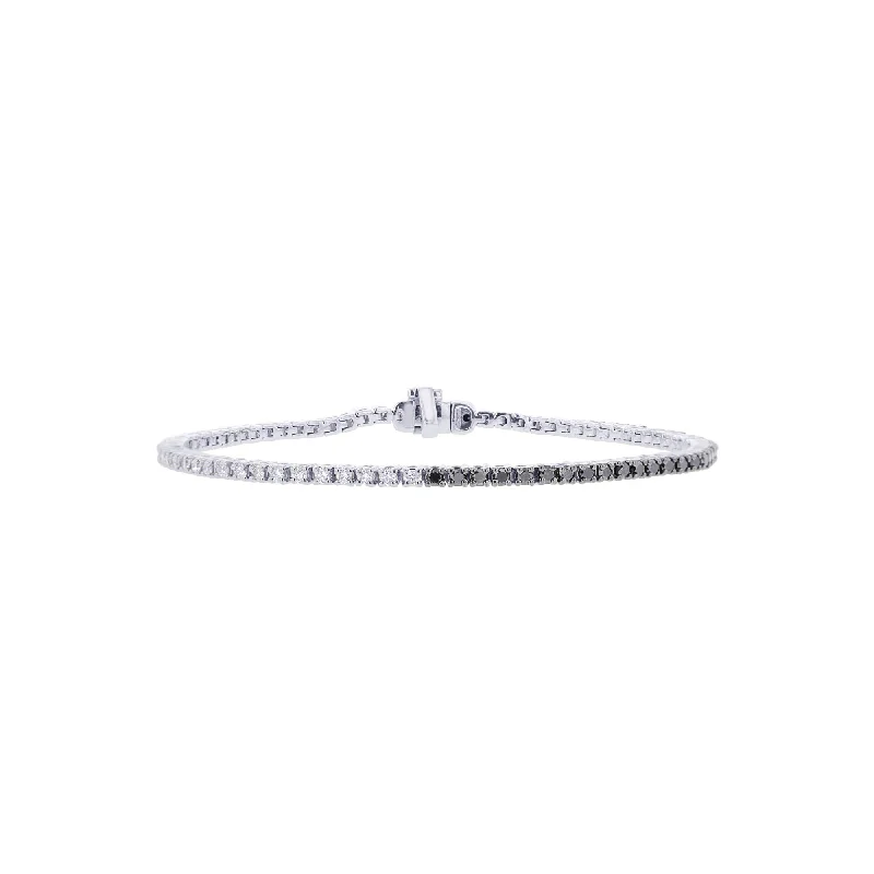 silver cuff bracelet with simple engraving-Duo Black and White Diamond Tennis Bracelet