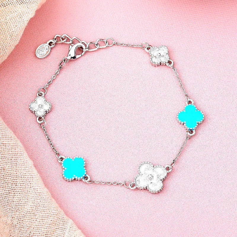 women’s custom bracelet with name and charms-Estele Rhodium Plated Fashionable Blue Clover Leaf Designer Adjustable Charm Bracelet for Girls and Women