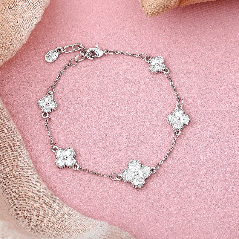 gold bracelet with family tree charm for sentimental gift-Estele Rhodium Plated Latest Fancy Clover Leaf Designer Adjustable Charm Bracelet for Girls and Women