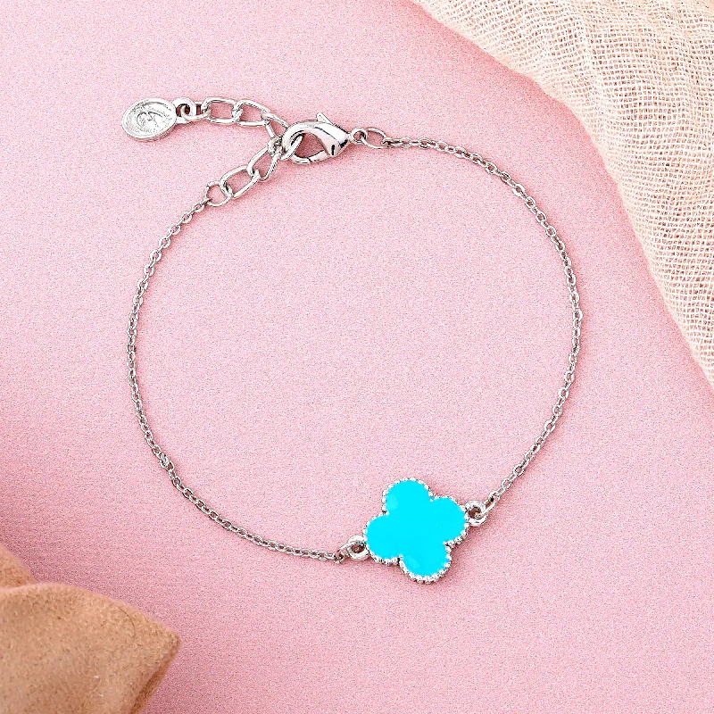 personalized bracelet with custom stone for protection-Estele Rhodium Plated Latest Stylish Single Blue Clover Leaf Designer Adjustable Bracelet for Girls and Women