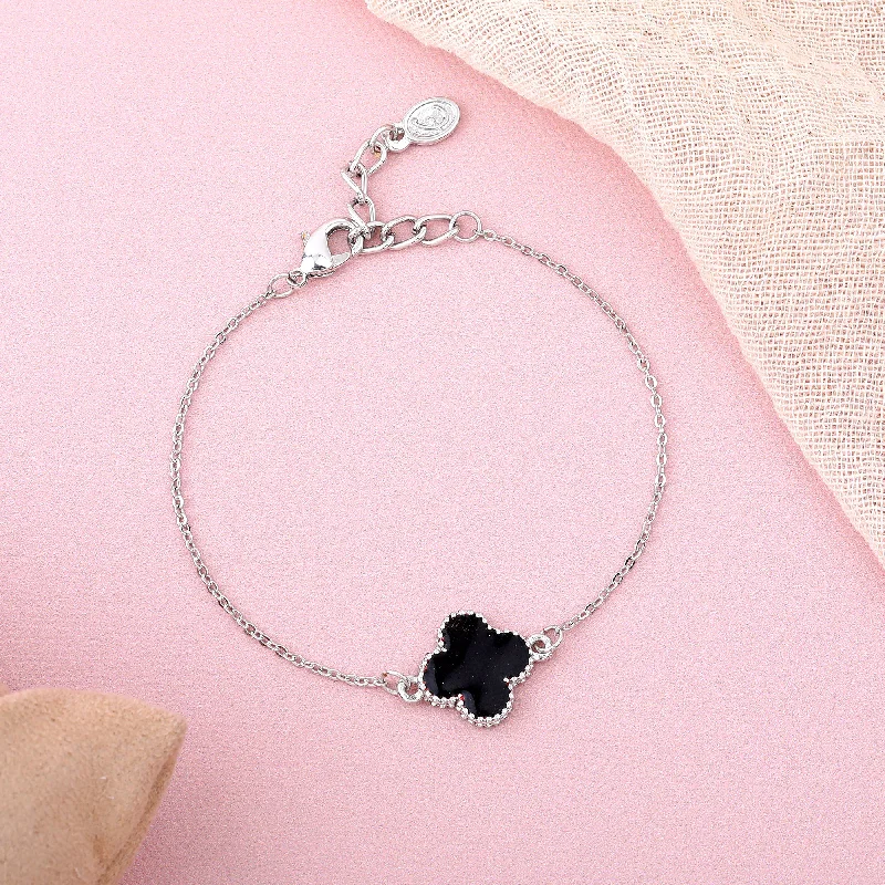 silver charm bracelet with crescent moon and star-Estele Rhodium Plated Latest Trendy Single Black Clover Leaf Designer Adjustable Bracelet for Girls and Women