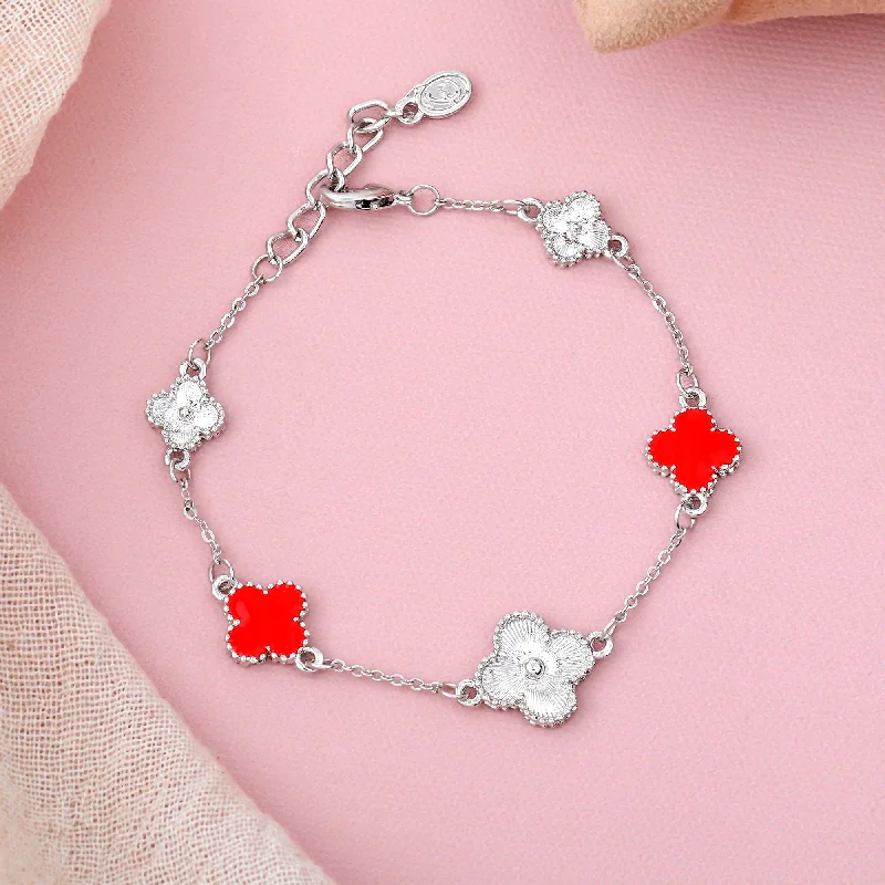 custom charm bracelet with engraved coordinates for travel-Estele Rhodium Plated Stylish & Trendy Red Vintage Clover Leaf Designer Adjustable Charm Bracelet for Girls and Women