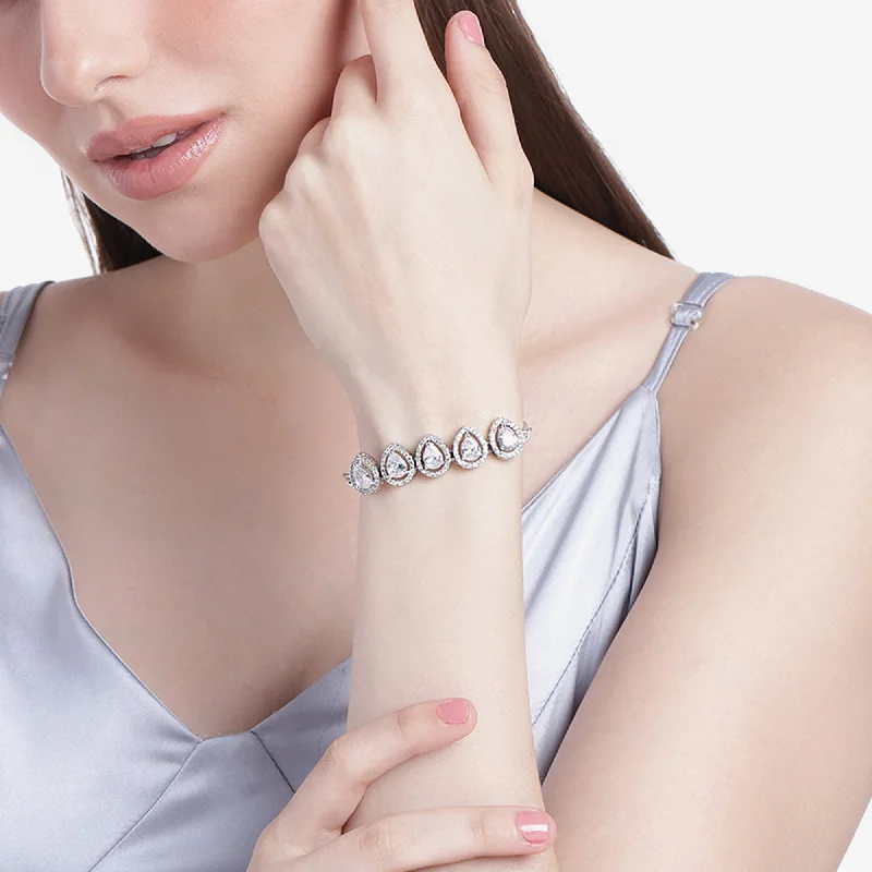 stackable charm bracelet with custom engraving-Estele Rhodium Plated CZ Precious Pears Bracelet for Women