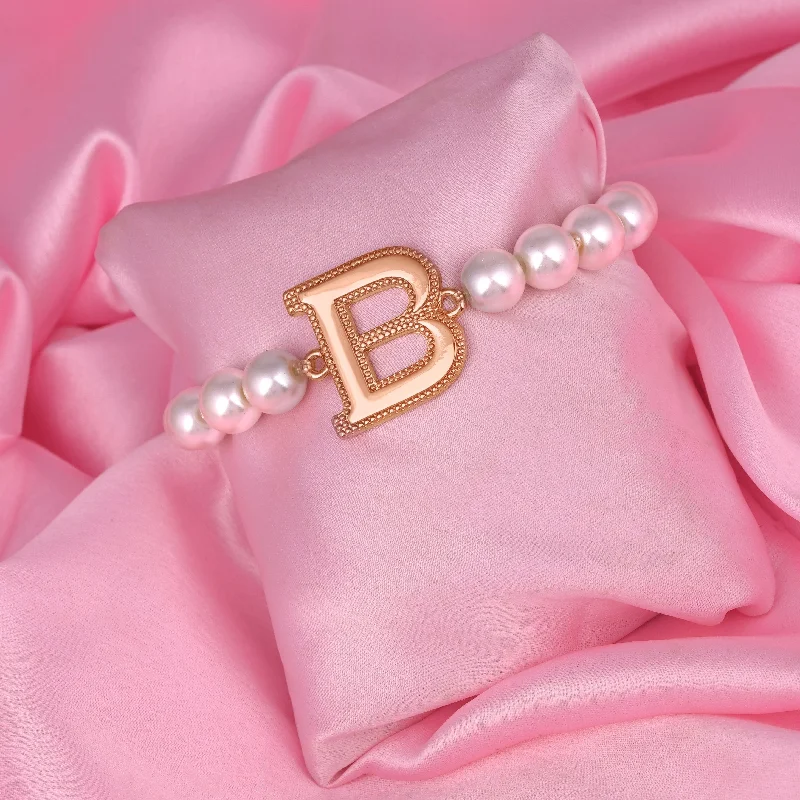 leather bracelet with custom engraving for men-Estele Rose Gold Plated Beautiful "B" Letter Pearl Bracelet for Women