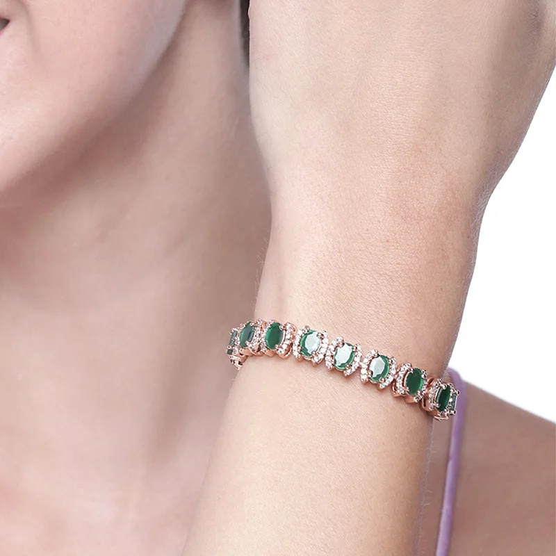 silver bracelet with gemstone and charm for protection-Estele Rose Gold Plated CZ Fascinating Designer Bracelet with Green Stones for Girls/Women