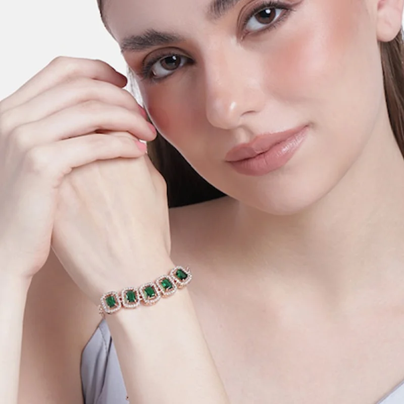 custom charm bracelet for meaningful gifts-Estele Rose Gold Plated CZ Ossum Octagon Bracelet with Green Crystals for Women