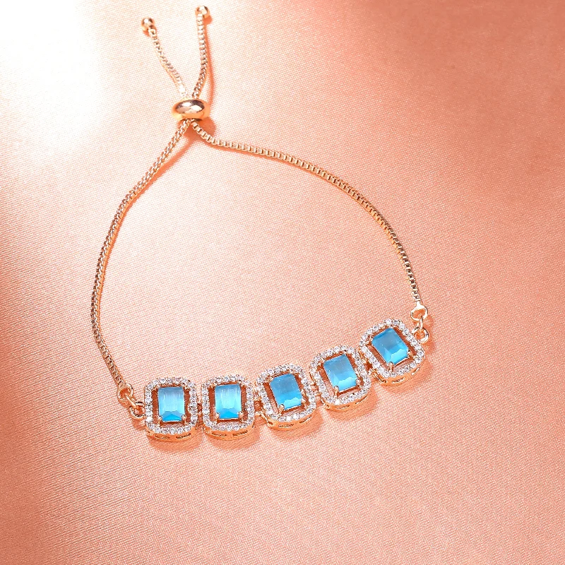 silver bracelet with star-shaped pendant for luck-Estele Rose Gold Plated CZ Ossum Octagon Bracelet with Mint Blue Stones for Women