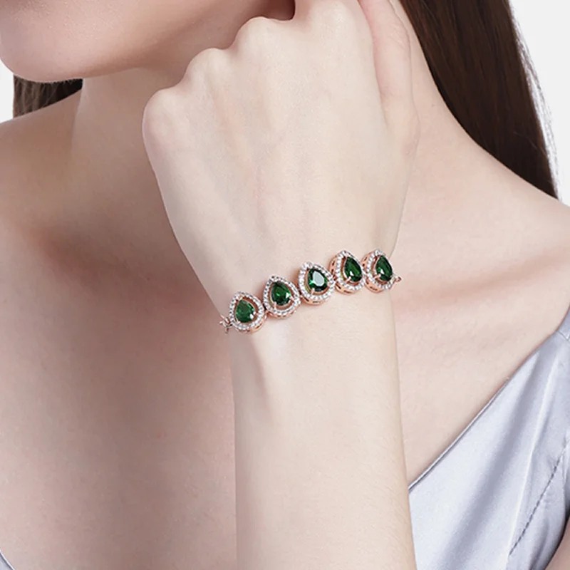 elegant bracelet with gemstone for wedding gift-Estele Rose Gold Plated CZ Precious Pears Bracelet with Emerald Crystals for Women