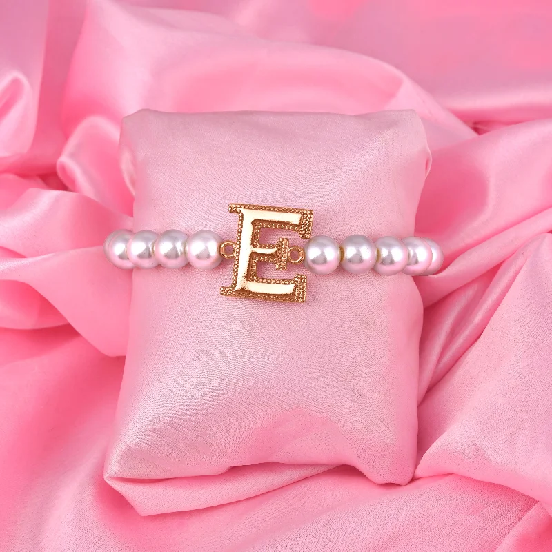 engraved silver bracelet with coordinates for travel lovers-Estele Rose Gold Plated Elegant "E" Letter Pearl Bracelet for Women