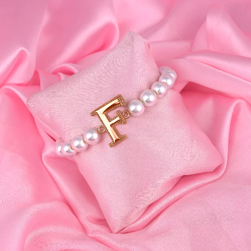 gold bracelet with initials and charm for wedding gift-Estele Rose Gold Plated Fascinating "F" Letter Pearl Bracelet for Women