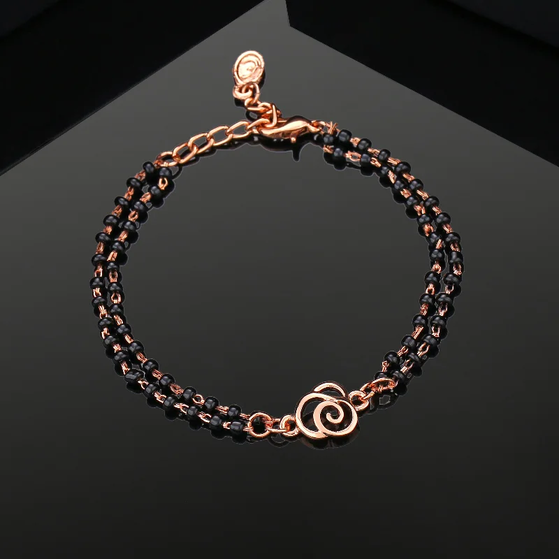 bracelet with custom engraving for weddings-Estele Rose Gold Plated Floral Shaped Bracelet with Black Beads for Women