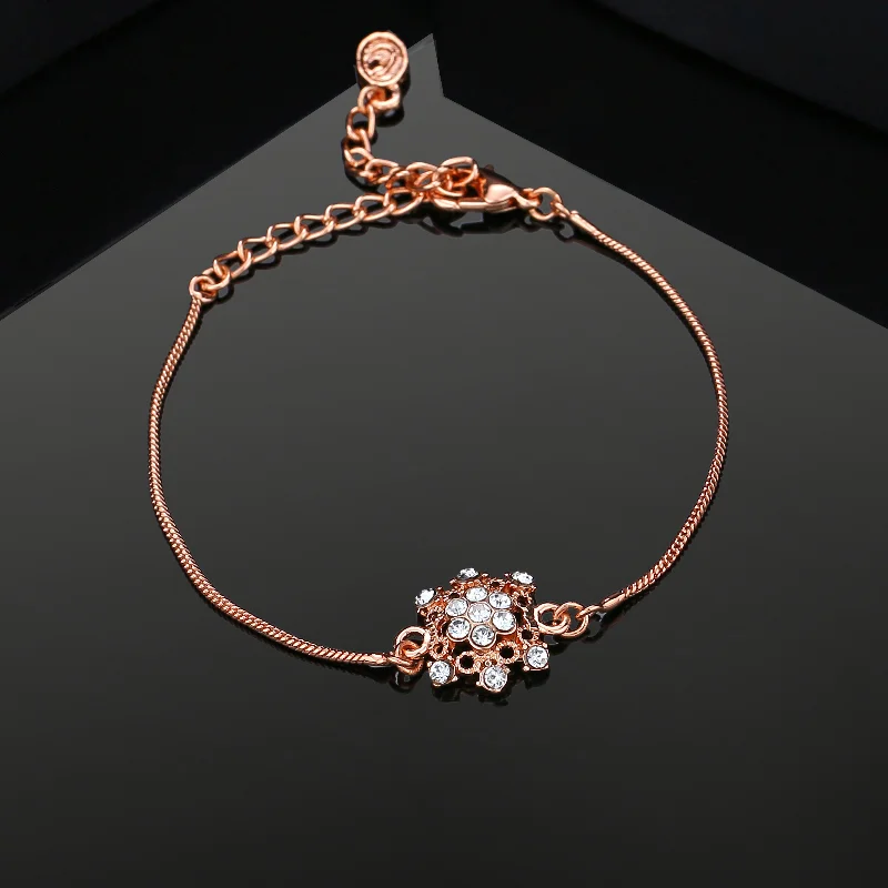 leather bracelet for men with engraved coordinates-Estele Rose Gold Plated Flower Designer Bracelet with Crystals for Women