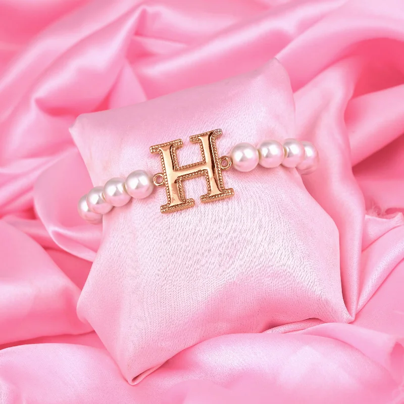 women’s custom bracelet with name and charms-Estele Rose Gold Plated Heavenly "H" Letter Pearl Bracelet for Women