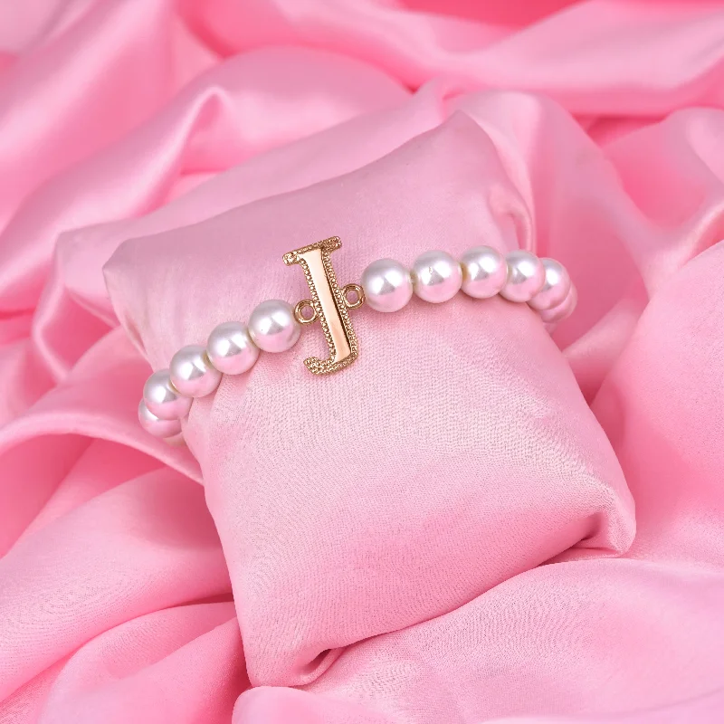 silver bracelet with lotus and moon charm-Estele Rose Gold Plated Joyful "J" Letter Pearl Bracelet for Women