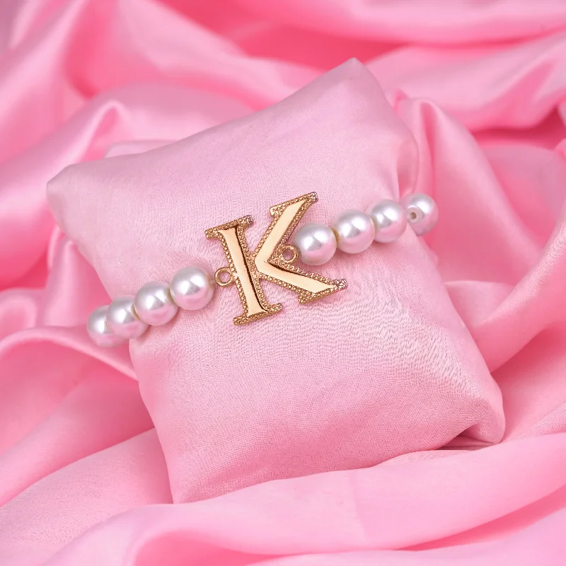 custom charm bracelet with engraved coordinates for travel-Estele Rose Gold Plated Kindly "K" Letter Pearl Bracelet for Women