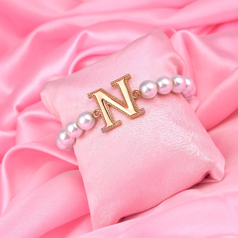 stackable bracelets with silver charms and gemstones-Estele Rose Gold Plated Nestled "N" Letter Pearl Bracelet for Women