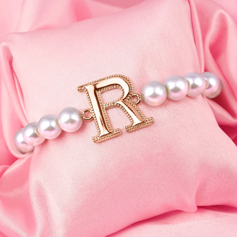 silver bracelet with zodiac sign charm for him-Estele Rose Gold Plated Ravishing "R" Letter Pearl Bracelet for Women