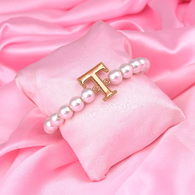 trendy gold bracelet with minimalist design-Estele Rose Gold Plated Twinkling "T" Letter Pearl Bracelet for Women