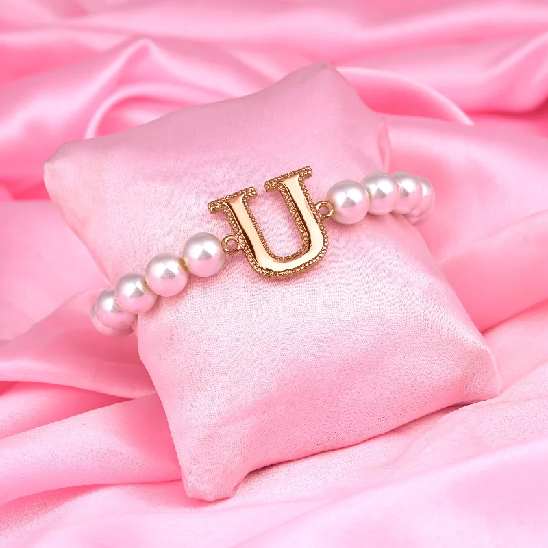 silver bracelet with pearl and gemstone accents-Estele Rose Gold Plated Unique "U" Letter Pearl Bracelet for Women