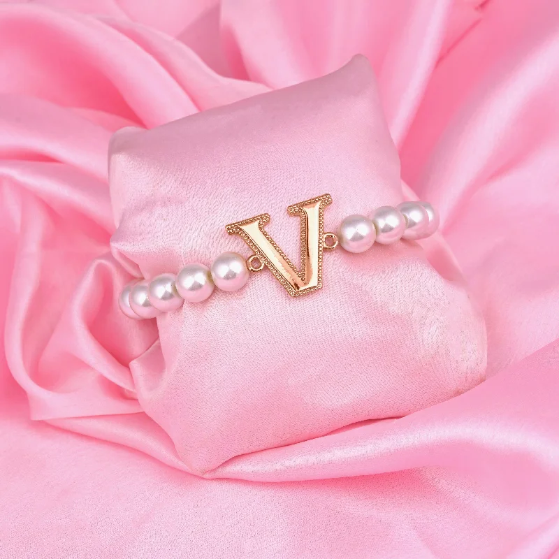 women’s custom silver bracelet with gemstone beads-Estele Rose Gold Plated Versatile "V" Letter Pearl Bracelet for Women