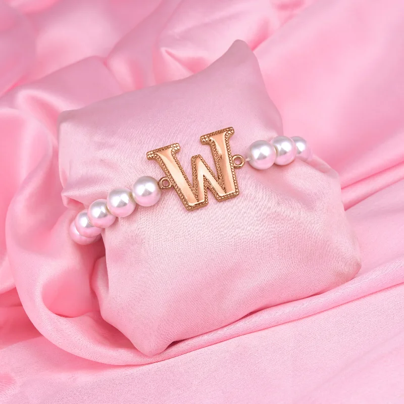 adjustable charm bracelet with peace and love symbols-Estele Rose Gold Plated Wonderful "W" Letter Pearl Bracelet for Women