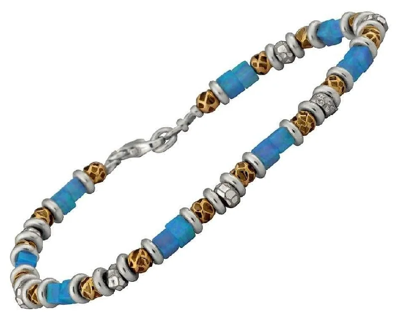 personalized gold bracelet with birthstones for her-Gold and Blue Opal Cubes Bracelet