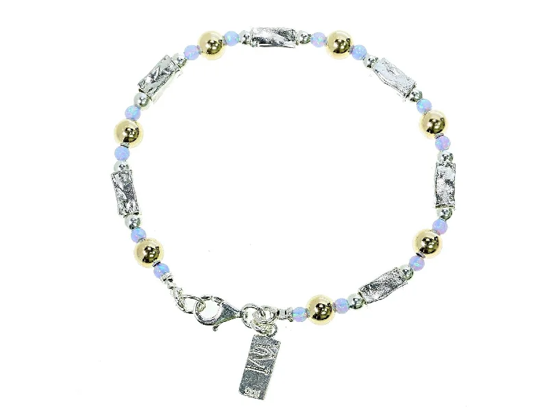 bracelet with lotus charm for spiritual balance-Gold and Blue Opal Silver Barrels Bracelet