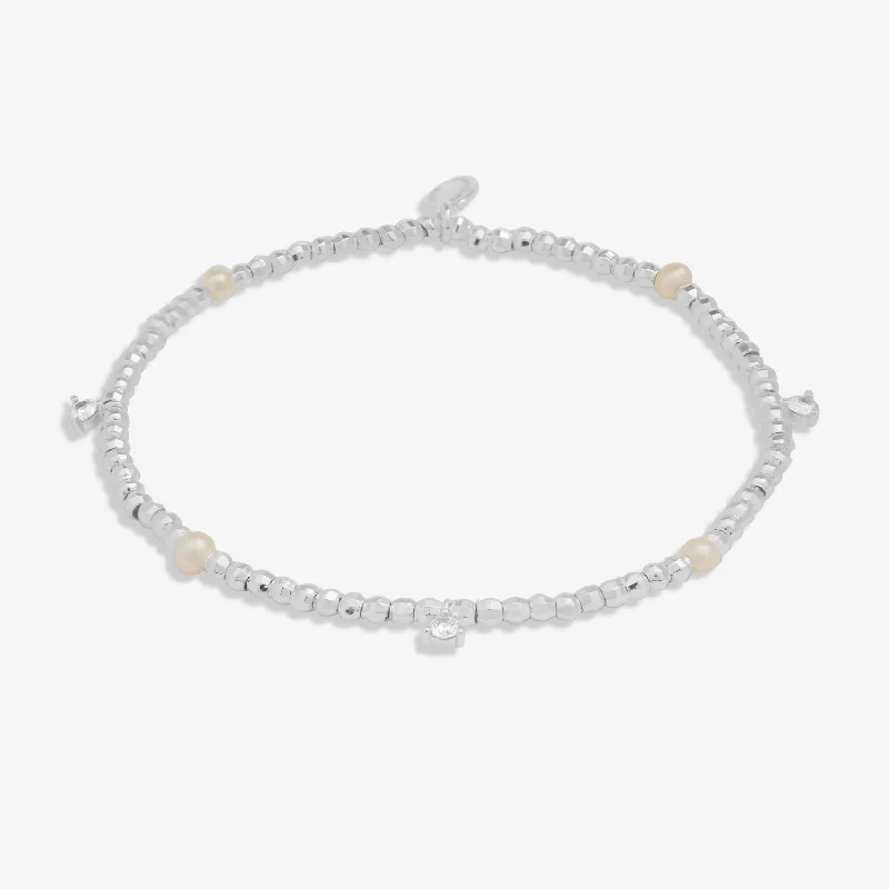 stackable silver bracelets with meaningful charms-Halo Pearl Beaded Cubic Zirconia & Pearl Silver Plated Bracelet 7841