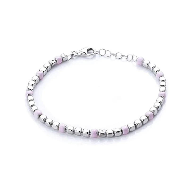 simple silver bracelet with minimalistic charm-Sterling Silver and Pastel Pink Bead Bracelet