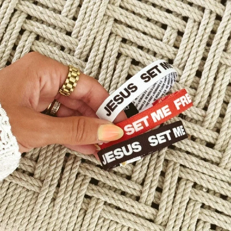 personalized silver bangle with message for him-NEW! | "JESUS SET ME FREE" ELASTIC 3-PACK