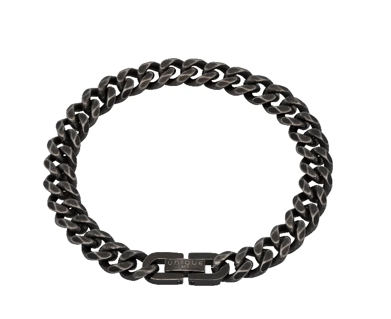 bracelet with engraved date for wedding gift-Unique & Co Antique Black Stainless Steel Curb Bracelet