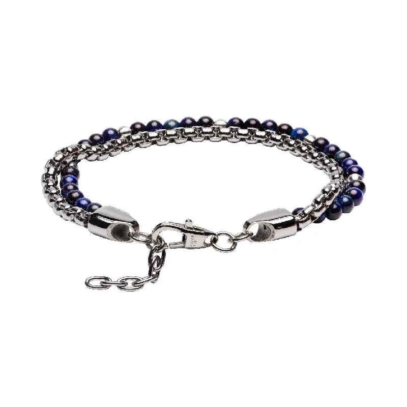 women’s bracelet with lotus flower charm for healing-Unique & Co Blue Lapis or Tiger's Eye Beads and Stainless Steel Chain Bracelet