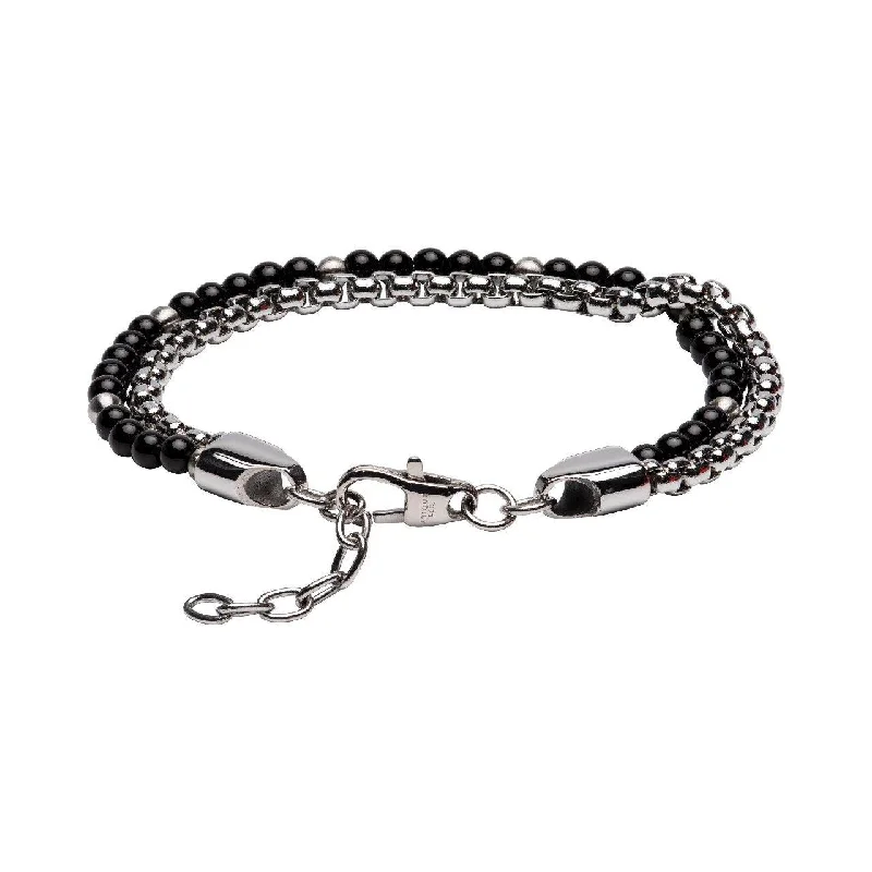 engraved bracelet with coordinates for location memory-Unique & Co Black Onyx Beads and Stainless Steel Chain Bracelet