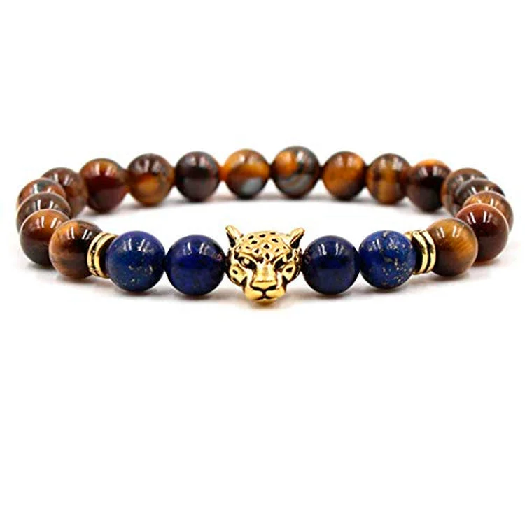 men’s leather bracelet with metal clasp-Unisex 8mm Tiger's Eye Gemstone Beaded Bracelet with Leopard Detail