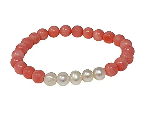 silver bracelet with multi-colored gemstones for energy-Women's Bracelet Pink Coral and White Freshwater Pearl Bracelet