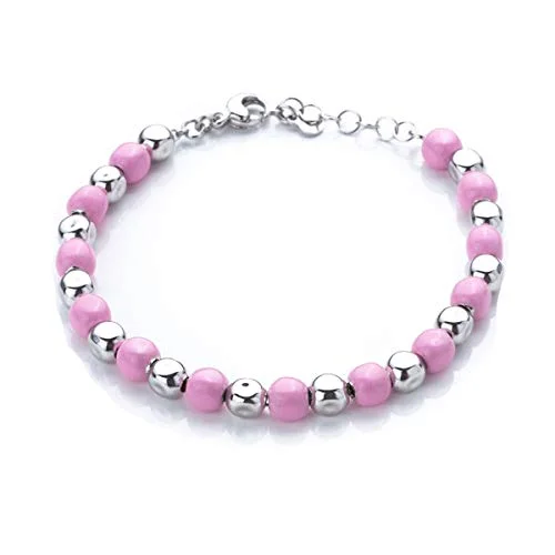 elegant bracelet with gemstone for wedding gift-Women's Pink Enamel Silver Beaded Bracelet Adjustable Size