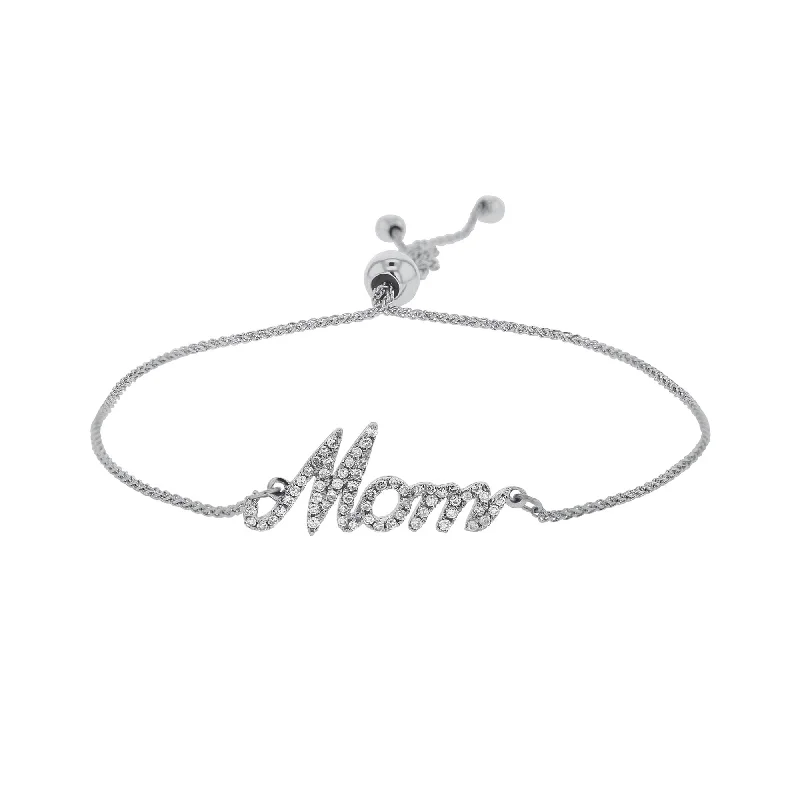 custom silver bracelet with engraved family name-Silver Classic Mom Diamond Bracelet