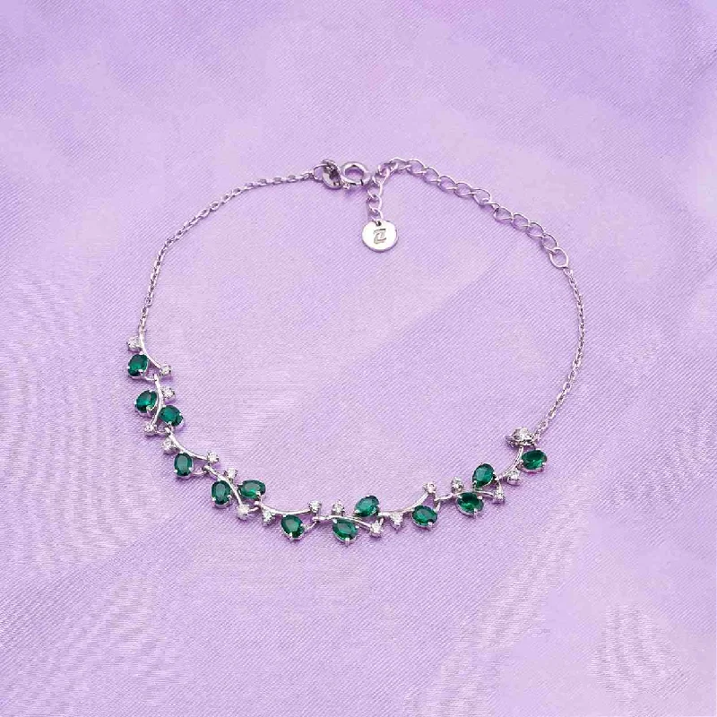 silver bracelet with paw print charm for pet lovers-Silver Green Emerald Floral Theme Bracelet