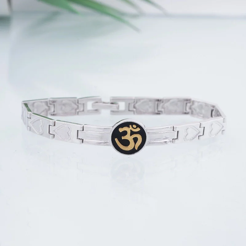 custom silver cuff bracelet with gemstone accents-Silver "OM" Bracelet For Him