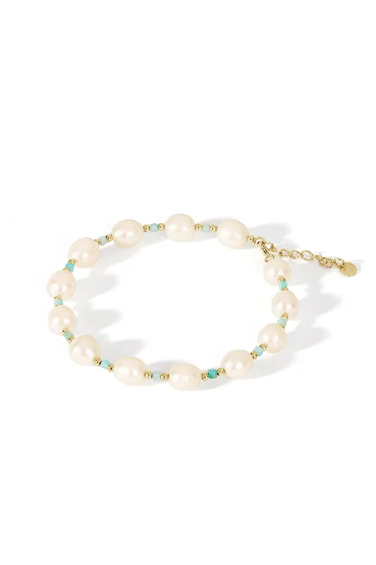 luxury gold bracelet with diamond and gemstone details-Sterling Silver Gold Plated Freshwater Pearl & Amazonite Bead Bracelet