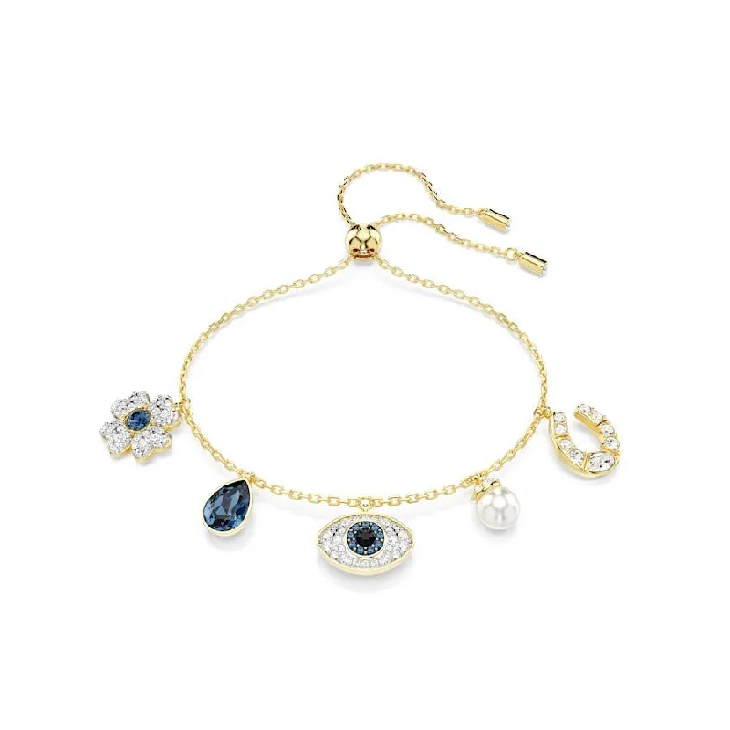 adjustable leather bracelet with custom engraving-Symbolica Gold-tone Plated Clover Evil Eye, Horseshoe Blue Crystal Pearl Bracelet 5692162