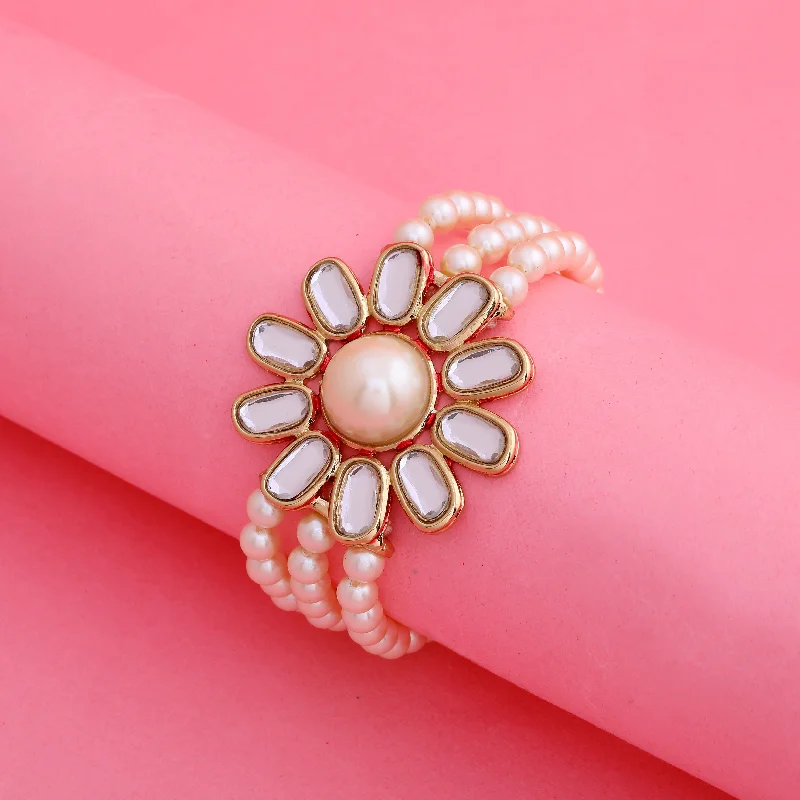 multi-layered bracelet with colorful gemstones-Traditional Gold tone Pearl Flower Kundan Bracelet